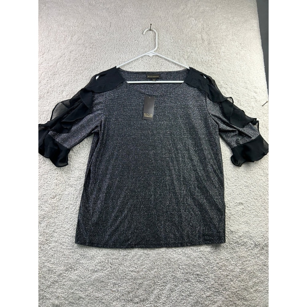Bold Elements Women's Black Silver L Top Ruffle Sleeve Metallic